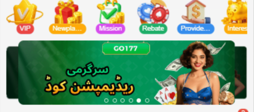 GO177 game banner with VIP icons, rewards, and a female model holding playing cards and cash