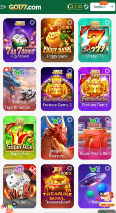 GO177 game screenshot showing multiple slot and casino games like 7up7down, Piggy Bank, Crazy777, Fortune Gems, Dragon Tiger, and Super Ace