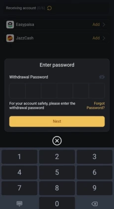 Gold Bet withdrawal screen asking for password verification before processing transactions