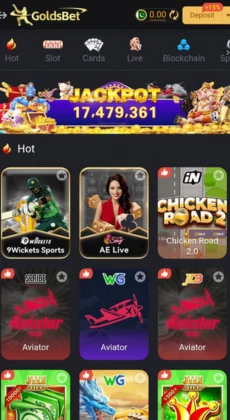 Gold Bet home screen showing hot games like 9Wickets Sports, AE Live, Chicken Road 2.0, Aviator and jackpot banner