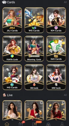 Gold Bet game cards menu showing JILI, WG, KM, FUNTA, BGaming, 365, MG, HB, and MW card categories with live dealer options