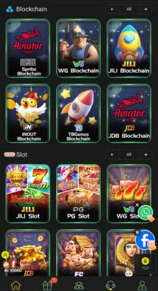 H555 game app screen showing blockchain games like Aviator, WG Blockchain, JILI Blockchain, and slot games such as JILI Slot, PG Slot, and WG Slot.