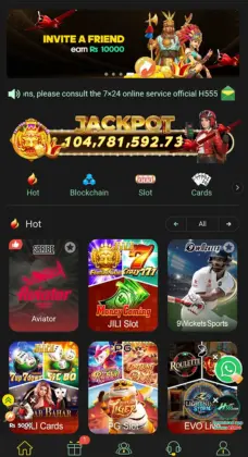 H555 game app home screen showing Aviator, JILI Slot, 9 Wickets Sports, and casino games.