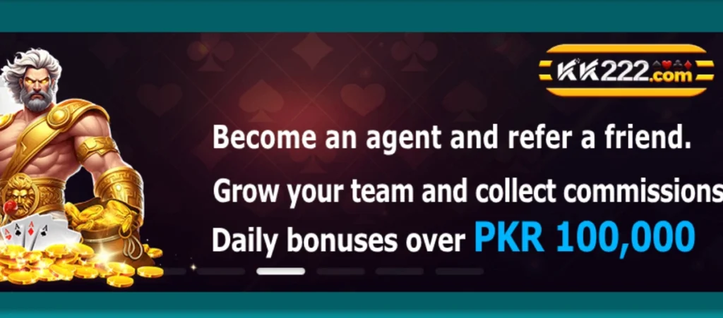 KK222 referral bonus banner with daily rewards over PKR 100,000.