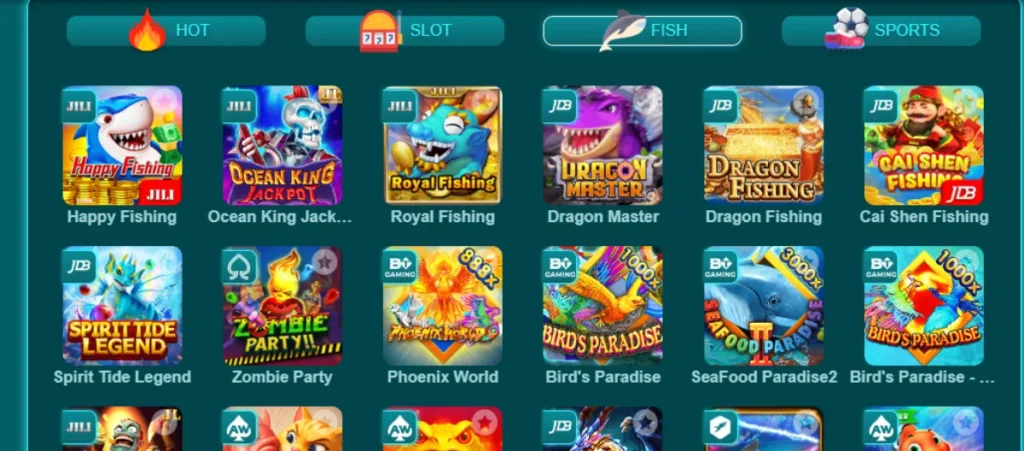 KK222 game screenshot showing multiple fish-themed arcade games like Happy Fishing, Ocean King Jackpot, Royal Fishing, Dragon Master, Dragon Fishing, Cai Shen Fishing, Spirit Tide Legend, Zombie Party, Phoenix World, Bird’s Paradise, and Seafood Paradise.
