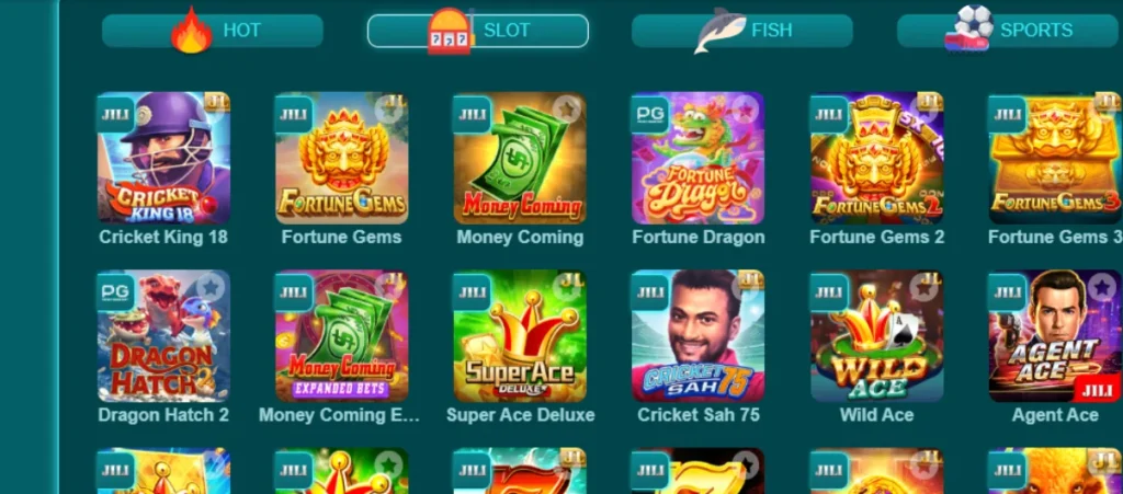 KK222 slot and arcade games including Cricket King 18, Fortune Gems, Money Coming, and Dragon Hatch.