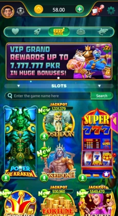 Lucky PK 777 slots game interface showing jackpots, Poseidon theme, and VIP rewards banner.