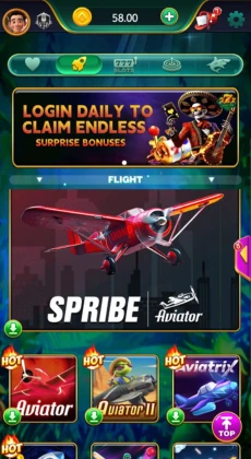 Lucky PK 777 game interface showing Aviator and other casino-style games with daily login bonus banner.