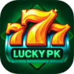 Lucky PK 777 logo featuring golden slot machine numbers with green background