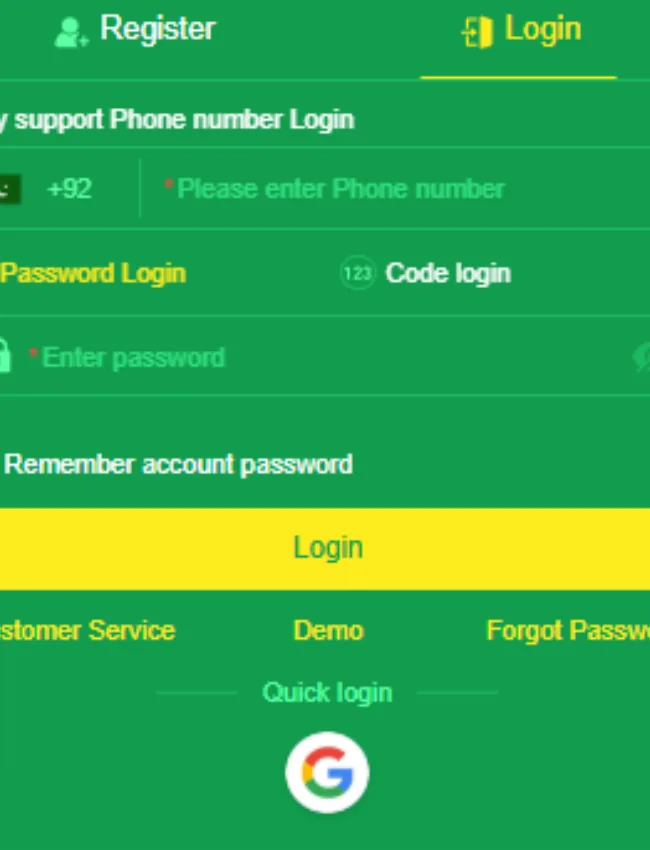MJ77 login page with phone number, password input, and Google quick login option.