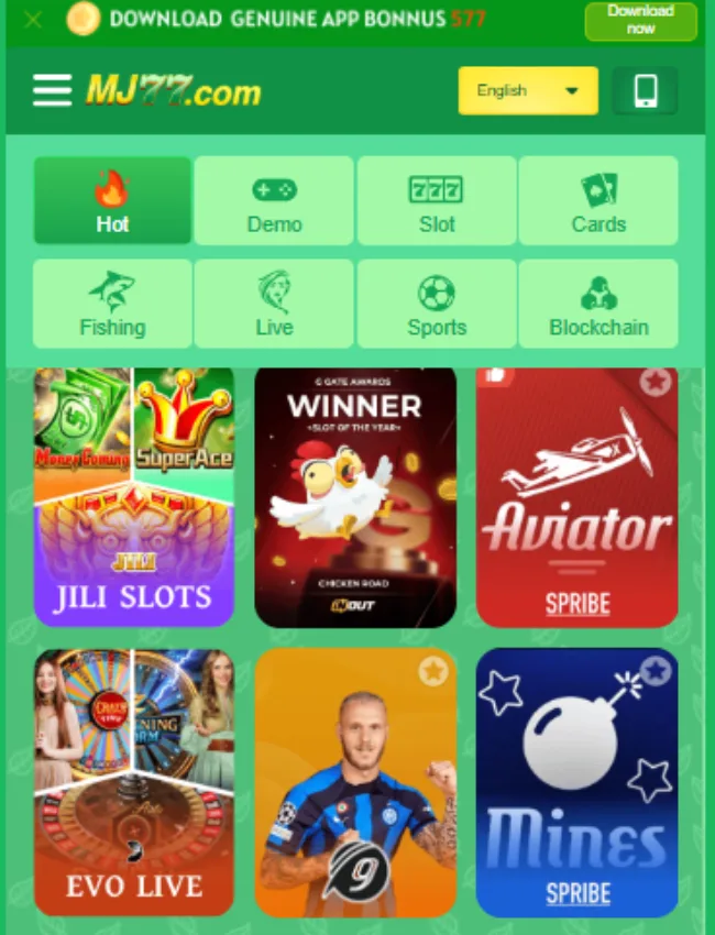MJ77 Game app screenshot showing slots, cards, sports, fishing, live, and Aviator games.