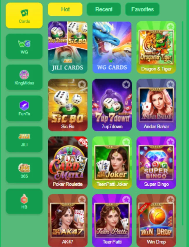 MJ77 Game cards section showing Teen Patti, Poker, Andar Bahar, Super Bingo, and Dragon Tiger.