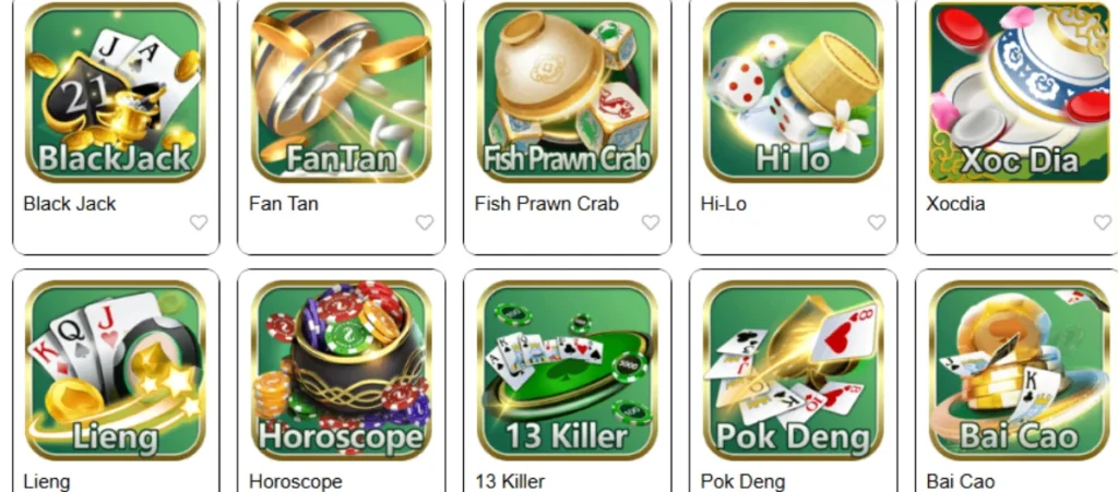 PK11 game menu showcasing classic casino games like Black Jack, Fan Tan, Fish Prawn Crab, Hi-Lo, Xoc Dia, Lieng, Horoscope, 13 Killer, Pok Deng, and Bai Cao.