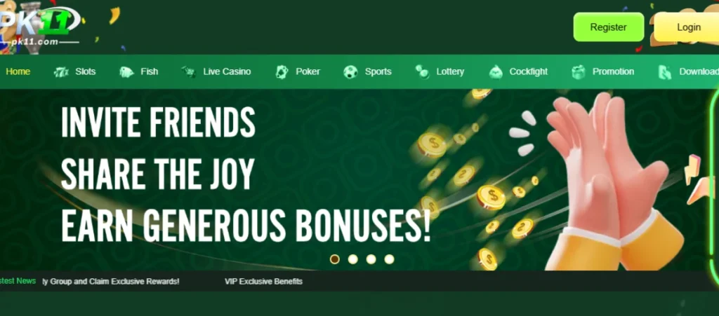 PK11 website homepage banner with invite friends, share the joy, and earn generous bonuses message.