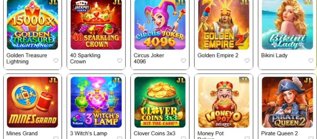 PK11 games collection featuring popular slot titles like Golden Treasure Lightning, 40 Sparkling Crown, Circus Joker 4096, Golden Empire 2, Bikini Lady, Mines Grand, 3 Witch’s Lamp, Clover Coins 3x3, Money Pot Deluxe, and Pirate Queen 2.