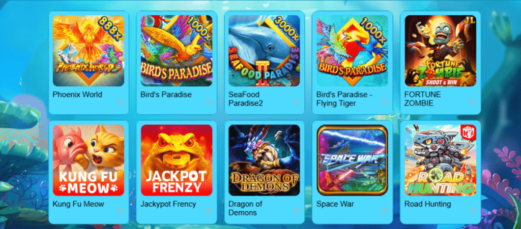 PK11 game interface showing slot and arcade games like Phoenix World, Bird’s Paradise, Seafood Paradise, Fortune Zombie, Kung Fu Meow, Jackpot Frenzy, Dragon of Demons, Space War, and Road Hunting.