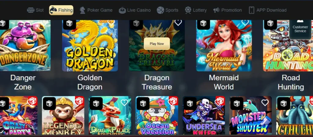 PKZZ fishing games lobby featuring titles like Danger Zone, Golden Dragon, Dragon Treasure, Mermaid World, Road Hunting, and more.