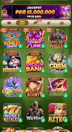PakSuper Game Jackpot Screen with multiple slot games and 15,000,000 PKR prize pool.