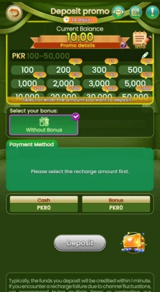 PakSuper deposit screen showing balance, promo details, bonus options, and payment method selection.