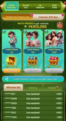 PakSuper referral rewards screen showing valid friends, withdrawal options, and earning history.