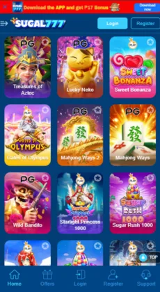 Sugal777 online casino game selection featuring Treasures of Aztec, Lucky Neko, Sweet Bonanza, Gates of Olympus, Mahjong Ways, Wild Bandito, Starlight Princess, and Sugar Rush.