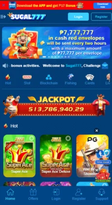Sugal777 online casino app interface showing jackpot, slot games, and bonuses.