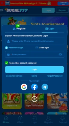 Sugal777 login screen showing fields for phone, email, or username, along with password input, remember password option, and quick login buttons.