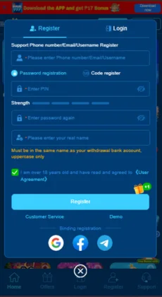 Sugal777 registration screen showing user login and sign-up form with input fields for phone, email, password, PIN, and name, along with options to register or log in.