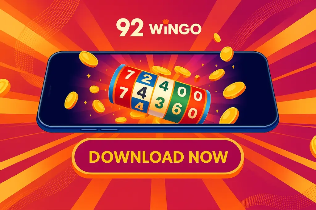 Promotional banner for the 92 Wingo game showing a slot-style game interface on a smartphone with golden coins and a "Download Now" button.