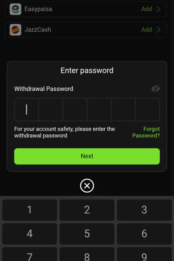 Mobile app screen showing a withdrawal password input field with numeric keypad for Easypaisa and JazzCash account linking.