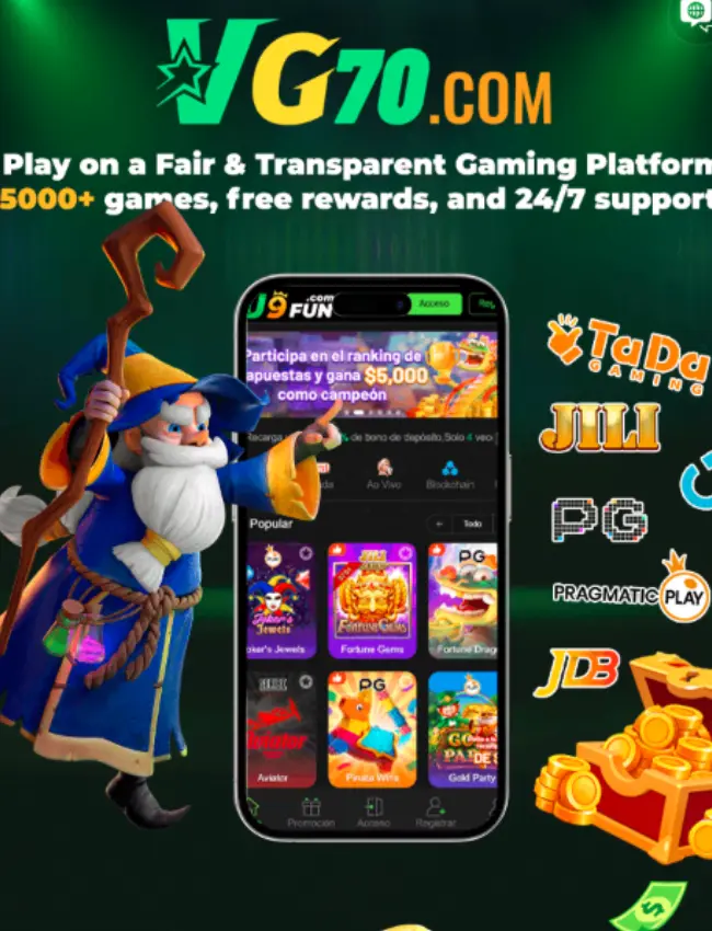 VG70.com gaming platform banner with wizard character, mobile game interface, and multiple game provider logos.
