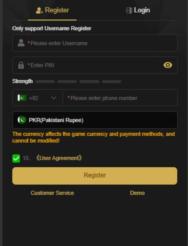 W567 Game registration screen showing username, PIN, phone number, and PKR currency option.