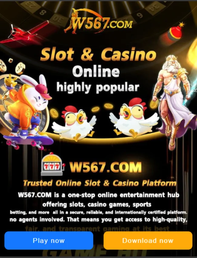 W567 Game slot and casino online platform promotional banner with cartoon characters and official website link.