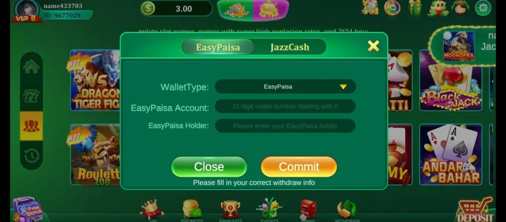 WT777 deposit and withdraw screen showing EasyPaisa and JazzCash wallet options with fields to enter account number and account holder name.