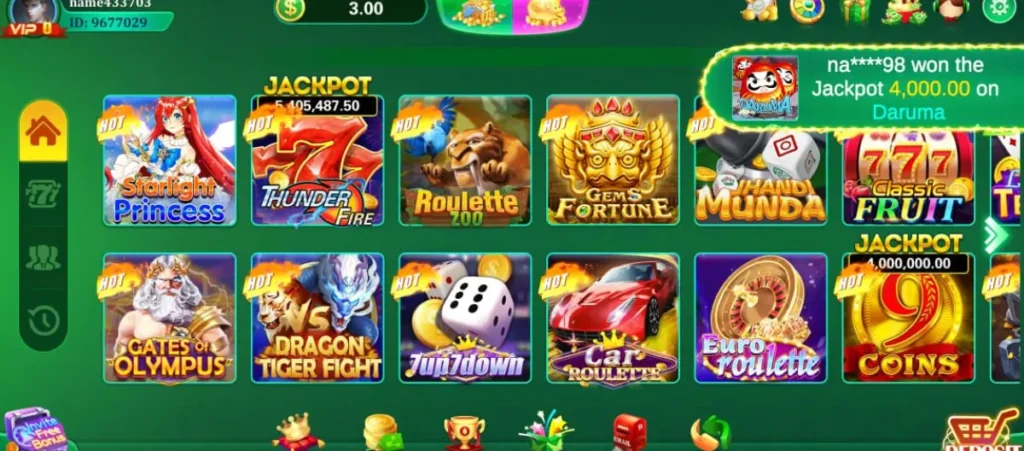 WT777 slot and casino game screen featuring Starlight Princess, Thunder Fire, Roulette Zoo, Gems Fortune, Dragon Tiger Fight, Car Roulette, and 9 Coins jackpot.