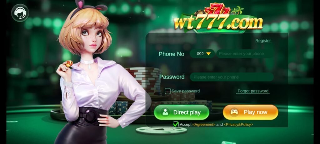 WT777 login and registration screen with animated female character, phone number and password fields, and options for direct play or play now.