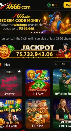 Screenshot of X666 gaming app showing jackpot amount, redeem code offer, and multiple slot and casino games.