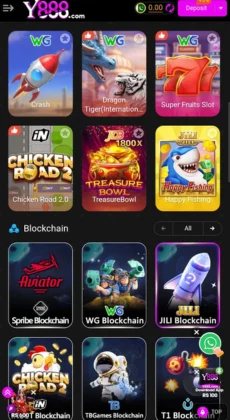 Y888 Game app screenshot showing slot, fishing, blockchain, and casino games.