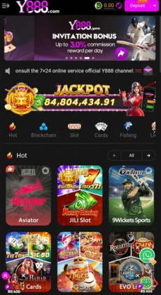 Y888 game online casino app interface showing slots, cards, sports betting, jackpot, and deposit options.
