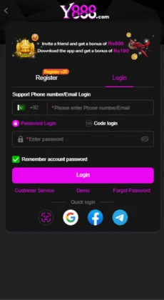 Y888 game login screen with phone/email login, password fields, quick login options, and bonus offer banner.