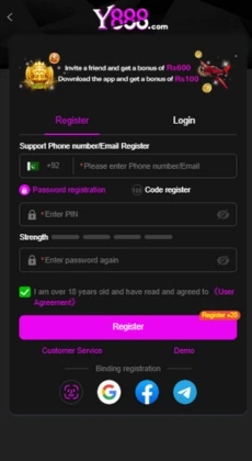 Y888 game registration screen with phone/email signup, password fields, bonus offers, and social login options.