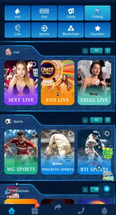 Mobile gaming app interface displaying live casino options like Sexy Live, EVO Live, Ezugi Live, and sports betting categories including WG Sports, 9Wickets Sports, and BTI Sports.