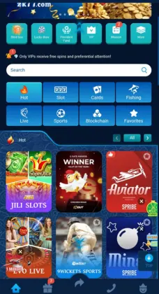 Mobile game app interface showing different categories like slots, cards, fishing, live, sports, and blockchain with popular games such as JILI Slots, Aviator, 9Wickets Sports, and Mini SPRIBE.