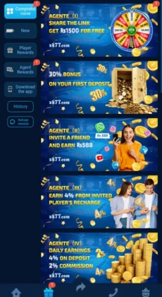 ZK77 Game promotional offers screen showing deposit bonuses, referral rewards, and commission earnings.