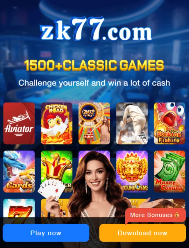 ZK77 Game main banner featuring 1500+ classic games with icons like Aviator, Chicken Road, Crazy Time, and more.