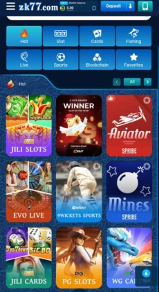 ZK77 Game app interface showing categories like slots, cards, fishing, sports, and popular games such as JILI Slots, Aviator, EVO Live, and PG Slots.