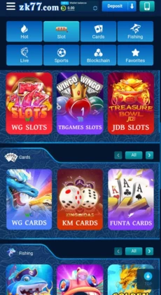 ZK77 Game online casino interface showing slots, cards, and fishing game categories with colorful icons.