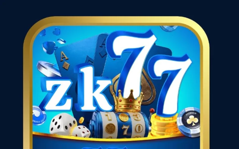 ZK77 game logo with dice, slot machine, and golden crown