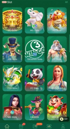777CB Game slot lobby screen showing different popular slot game providers including JILI, WG, PG, JDB, TBGames, PP, CQ9, FC, BBIN, MG, KA, and MW slots on a green background.