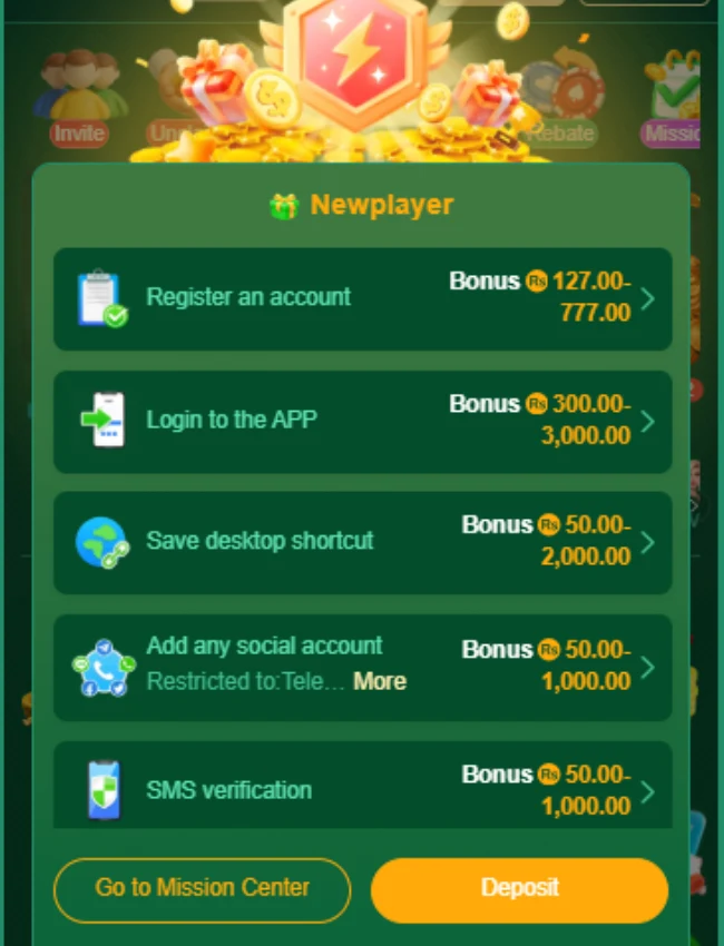 777CB Game new player bonus screen showing registration, login, desktop shortcut, social account linking, and SMS verification rewards.